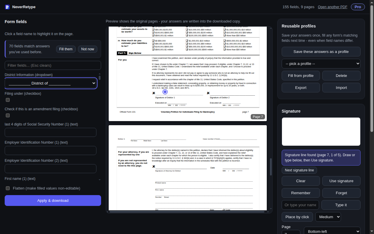 A court form just opened in NeverRetype, with a bar offering: 70 fields match answers you've used before - Fill them